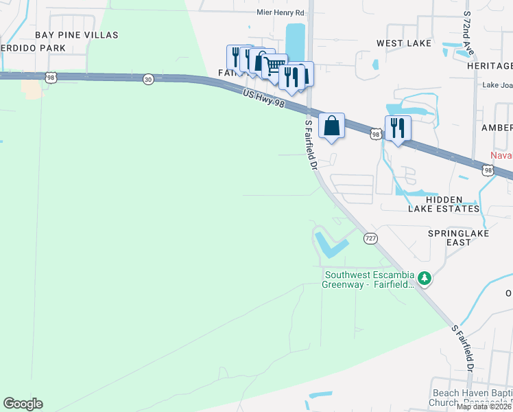 map of restaurants, bars, coffee shops, grocery stores, and more near 8100 Pond Valley Drive in Pensacola