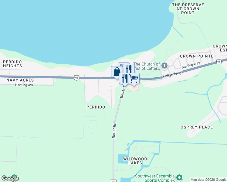 map of restaurants, bars, coffee shops, grocery stores, and more near 1068 Joaquin Road in Pensacola