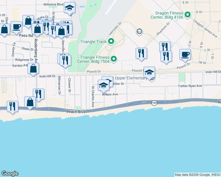 map of restaurants, bars, coffee shops, grocery stores, and more near 151 Saint George Avenue in Biloxi