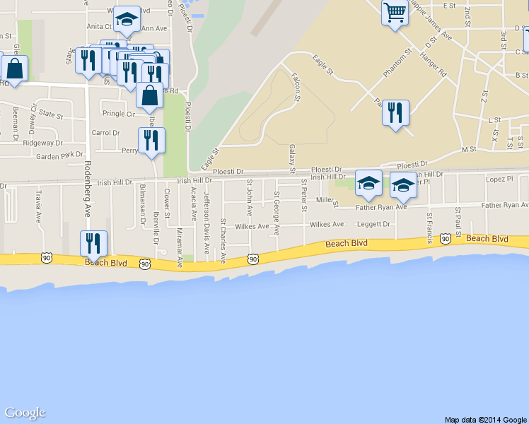 map of restaurants, bars, coffee shops, grocery stores, and more near 151 Saint George Avenue in Biloxi