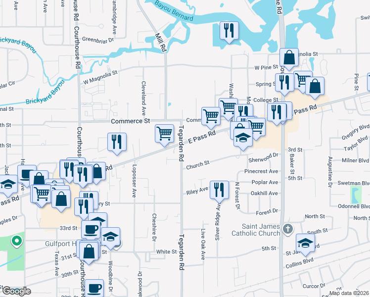 map of restaurants, bars, coffee shops, grocery stores, and more near in Gulfport