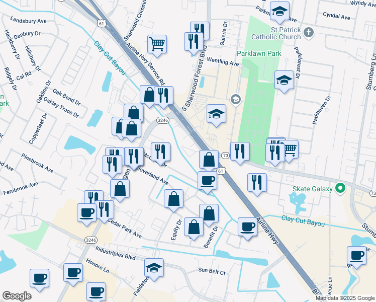 map of restaurants, bars, coffee shops, grocery stores, and more near 11620 Airline Highway Service Road in Baton Rouge