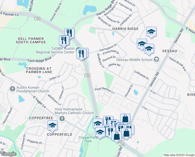 map of restaurants, bars, coffee shops, grocery stores, and more near 1200 East Parmer Lane in Austin