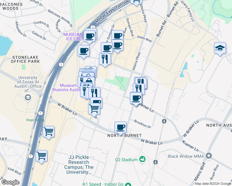 map of restaurants, bars, coffee shops, grocery stores, and more near 3000 Kramer Lane in Austin