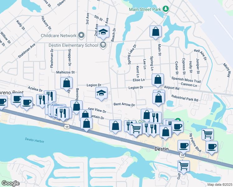 map of restaurants, bars, coffee shops, grocery stores, and more near 215 Ann Circle in Destin