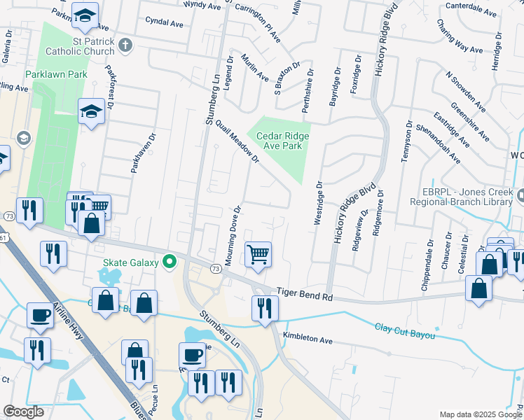 map of restaurants, bars, coffee shops, grocery stores, and more near 13232 Whippoorwill Avenue in Baton Rouge