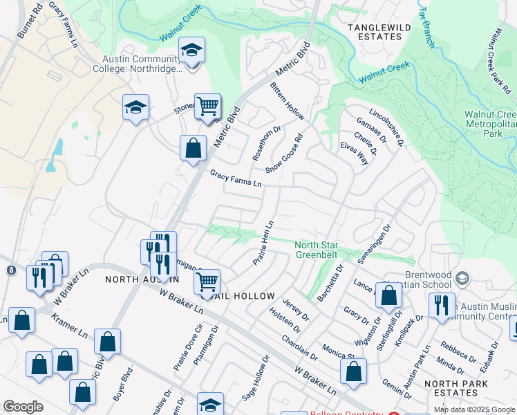 map of restaurants, bars, coffee shops, grocery stores, and more near 1800 Rainy Meadows Drive in Austin