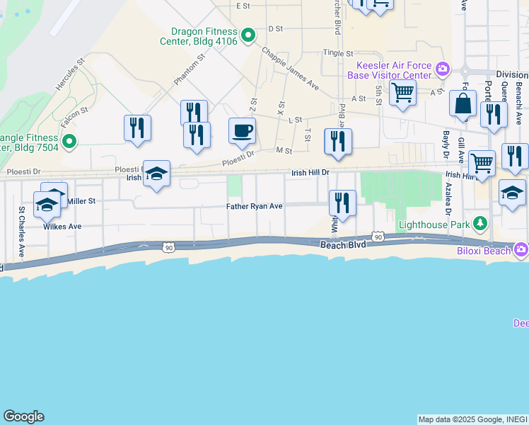 map of restaurants, bars, coffee shops, grocery stores, and more near 1321 Father Ryan Avenue in Biloxi