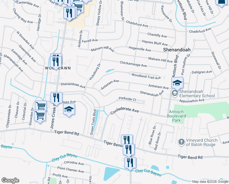 map of restaurants, bars, coffee shops, grocery stores, and more near 15726 Shenandoah Avenue in Baton Rouge