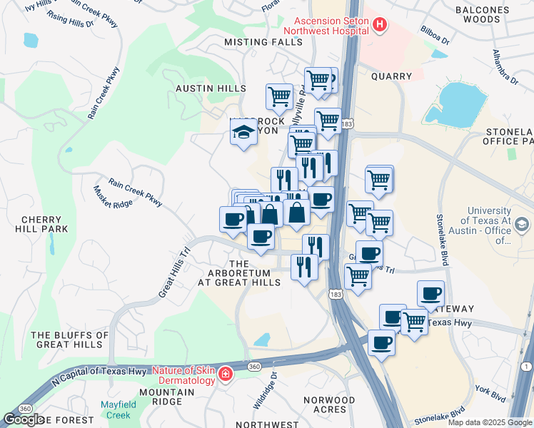 map of restaurants, bars, coffee shops, grocery stores, and more near 10300 Jollyville Road in Austin