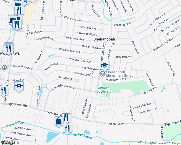 map of restaurants, bars, coffee shops, grocery stores, and more near 16347 Shenandoah Avenue in Baton Rouge