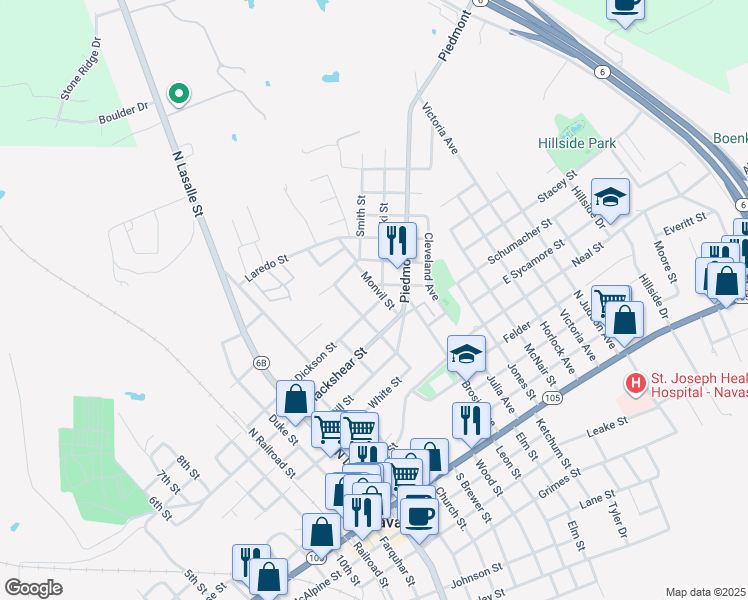 map of restaurants, bars, coffee shops, grocery stores, and more near 709 East Dickson Street in Navasota