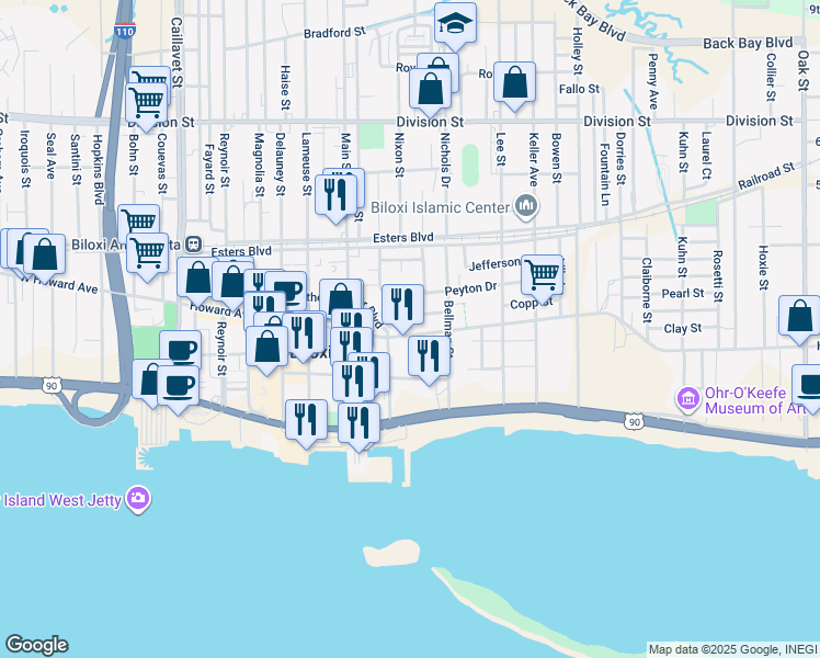 map of restaurants, bars, coffee shops, grocery stores, and more near 638 Howard Avenue in Biloxi