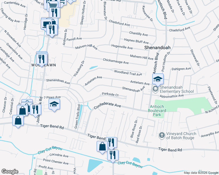 map of restaurants, bars, coffee shops, grocery stores, and more near 15944 Shenandoah Avenue in Baton Rouge