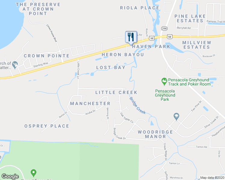 map of restaurants, bars, coffee shops, grocery stores, and more near 1421 Little Creek Drive in Pensacola