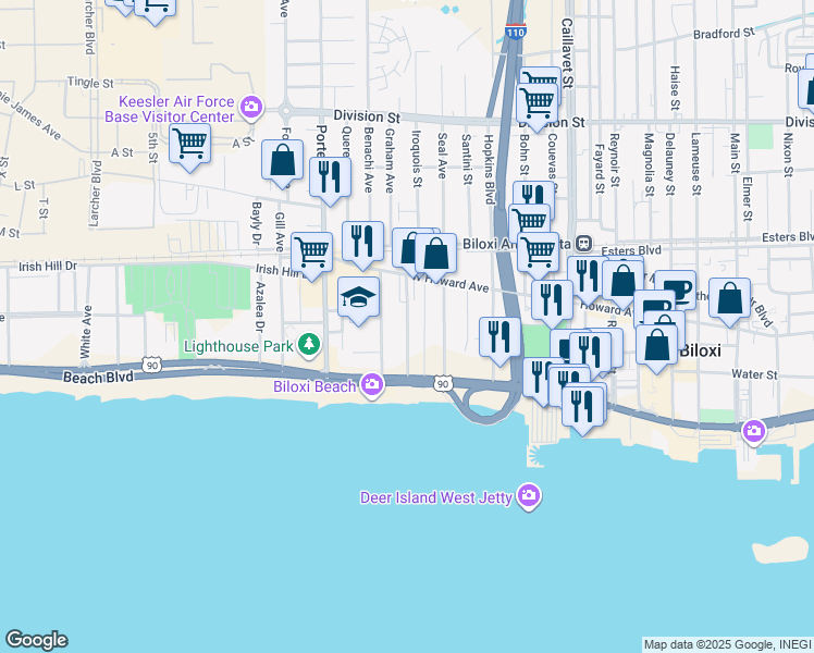 map of restaurants, bars, coffee shops, grocery stores, and more near 165 Suter Place in Biloxi
