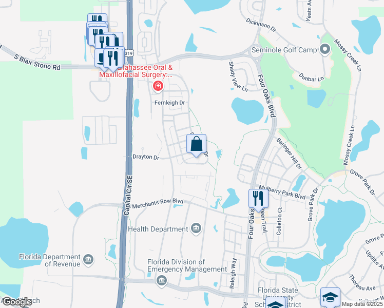 map of restaurants, bars, coffee shops, grocery stores, and more near 2129 Drayton Drive in Tallahassee