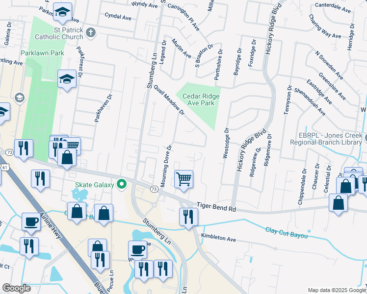 map of restaurants, bars, coffee shops, grocery stores, and more near 13232 Whippoorwill Avenue in Baton Rouge