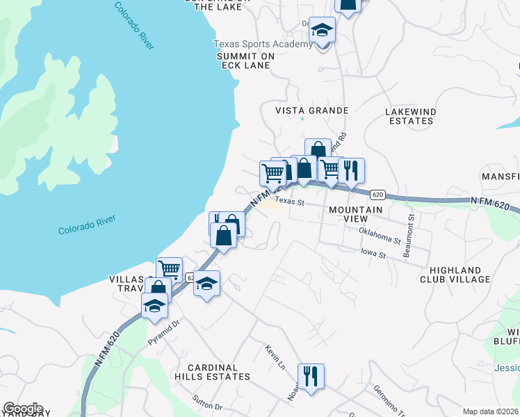 map of restaurants, bars, coffee shops, grocery stores, and more near 3509 Ranch Road 620 North in Austin