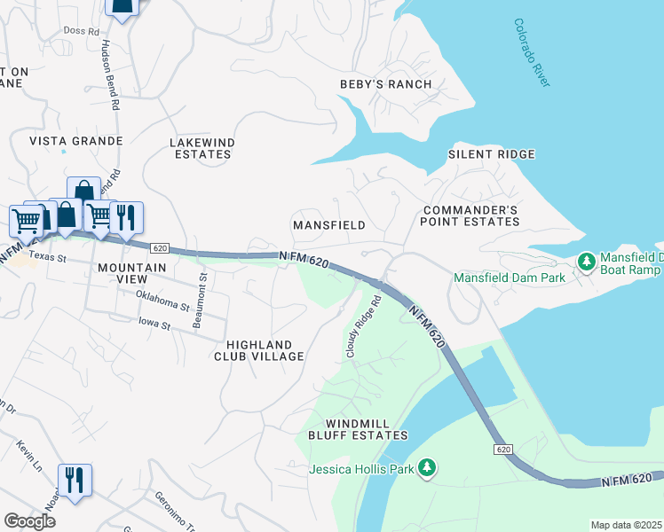 map of restaurants, bars, coffee shops, grocery stores, and more near 4234 Ranch Road 620 North in Austin