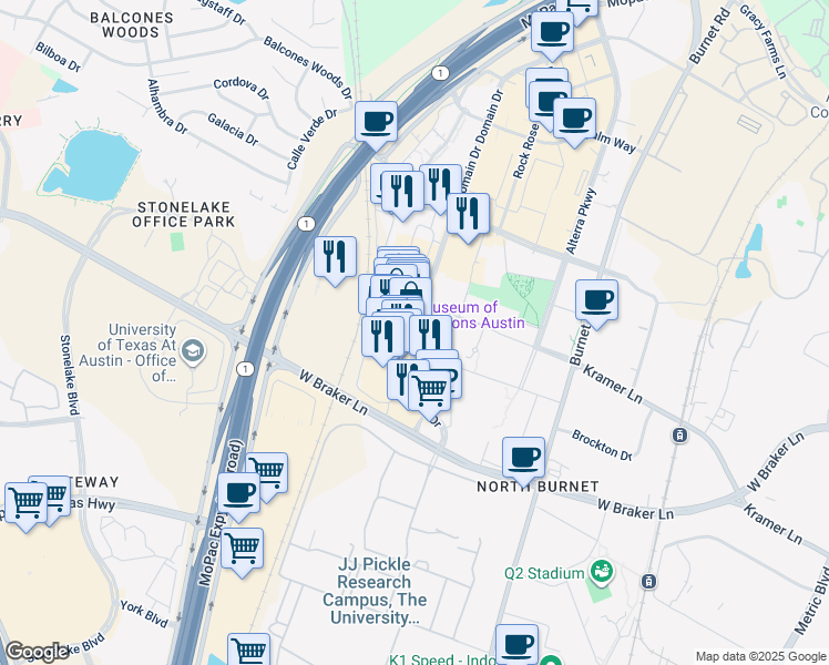 map of restaurants, bars, coffee shops, grocery stores, and more near 10721 Domain Drive in Austin