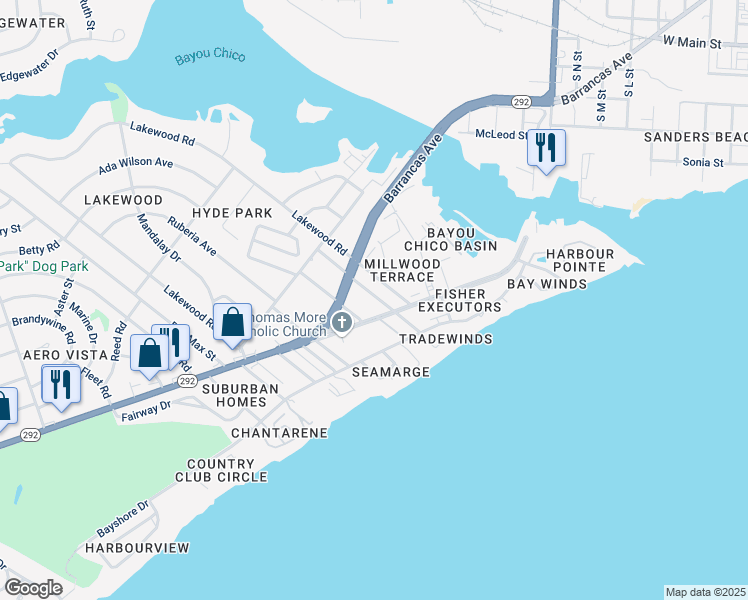map of restaurants, bars, coffee shops, grocery stores, and more near 221 Carys Lane in Pensacola