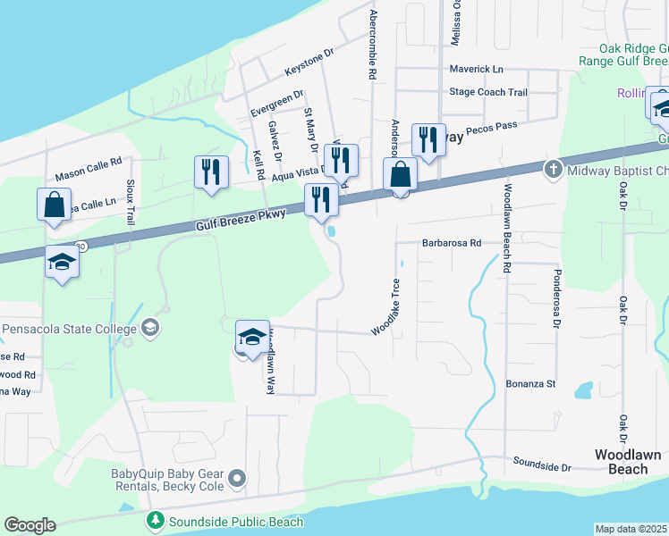 map of restaurants, bars, coffee shops, grocery stores, and more near 1667 Woodlawn Way in Gulf Breeze