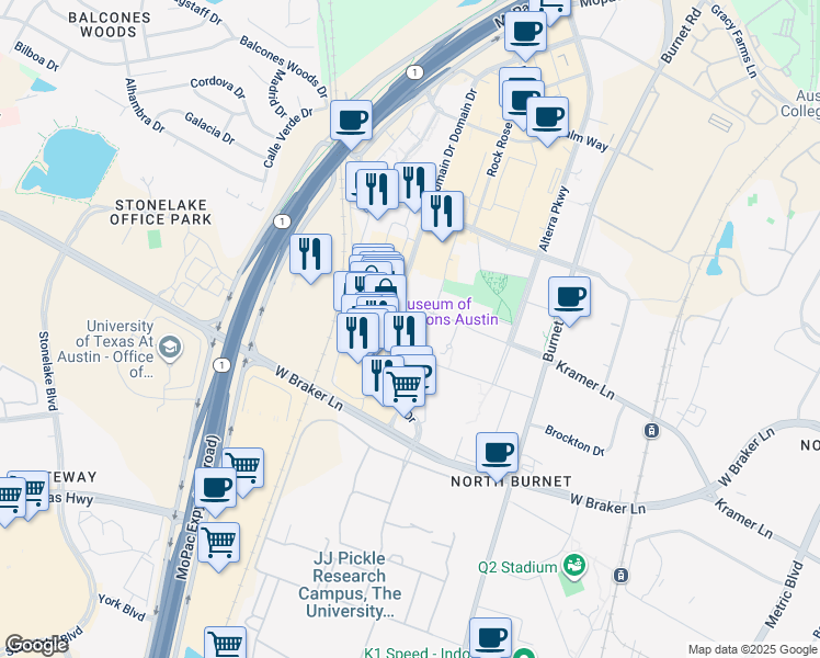 map of restaurants, bars, coffee shops, grocery stores, and more near 11011 Domain Drive in Austin