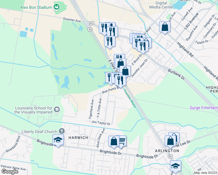 map of restaurants, bars, coffee shops, grocery stores, and more near 1194 Bob Pettit Blvd in Baton Rouge