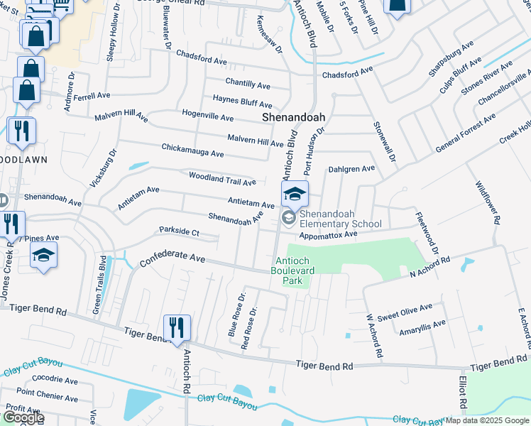 map of restaurants, bars, coffee shops, grocery stores, and more near 6030 Antioch Boulevard in Baton Rouge
