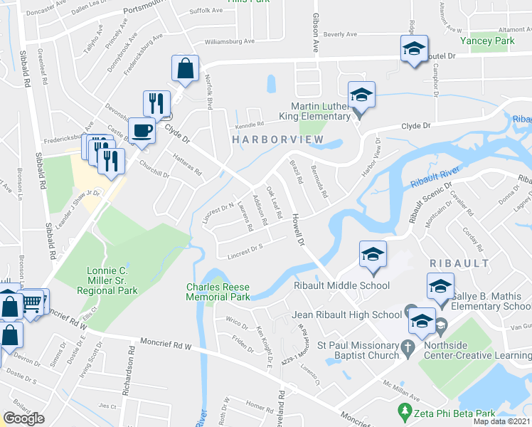 map of restaurants, bars, coffee shops, grocery stores, and more near 8504 Addison Road in Jacksonville
