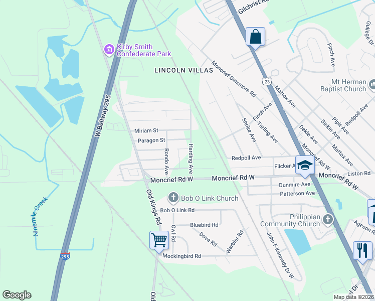map of restaurants, bars, coffee shops, grocery stores, and more near 6419 Coolidge Street in Jacksonville