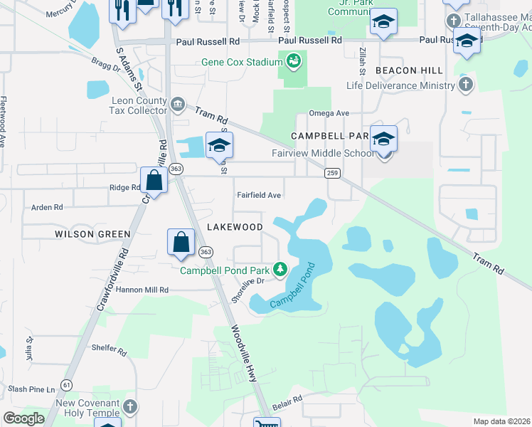 map of restaurants, bars, coffee shops, grocery stores, and more near 3517 Falcon Drive in Tallahassee