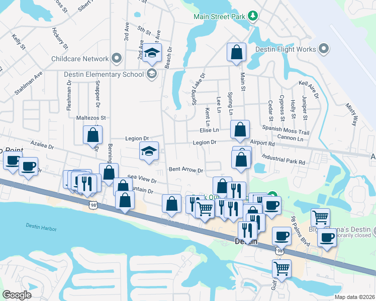 map of restaurants, bars, coffee shops, grocery stores, and more near 710 Legion Drive in Destin