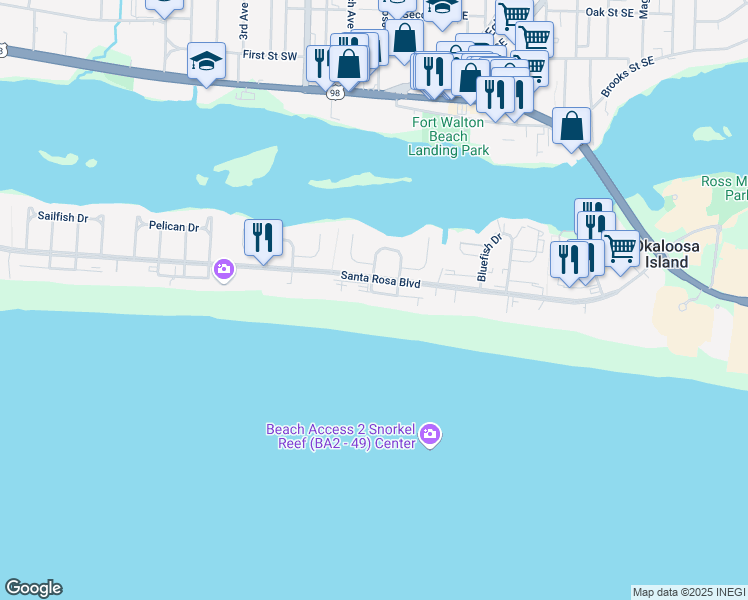 map of restaurants, bars, coffee shops, grocery stores, and more near 467 Abalone Court in Fort Walton Beach