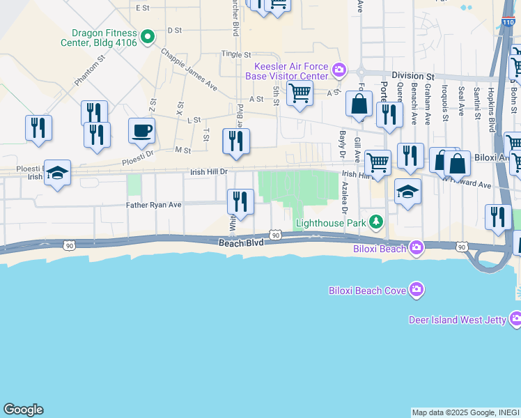 map of restaurants, bars, coffee shops, grocery stores, and more near 121 Caldwell Avenue in Biloxi