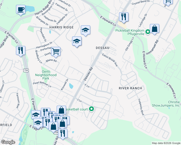 map of restaurants, bars, coffee shops, grocery stores, and more near 12609 Dessau Road in Austin