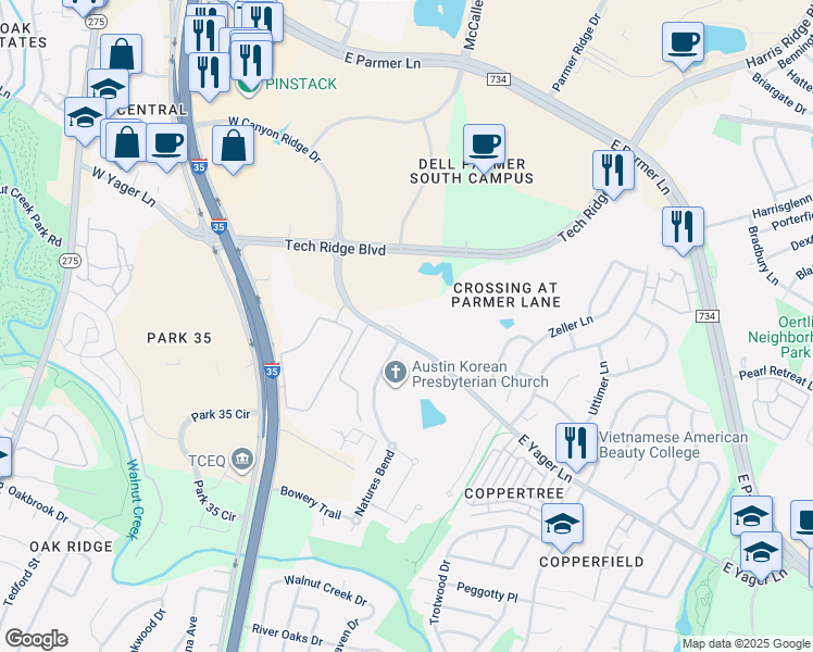 map of restaurants, bars, coffee shops, grocery stores, and more near 402 East Yager Lane in Austin
