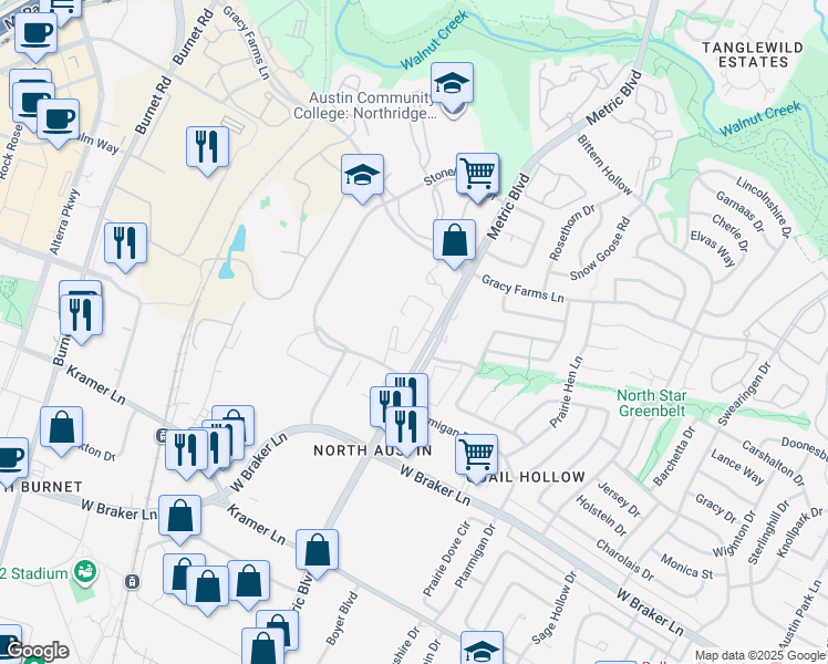 map of restaurants, bars, coffee shops, grocery stores, and more near 11700 Metric Boulevard in Austin