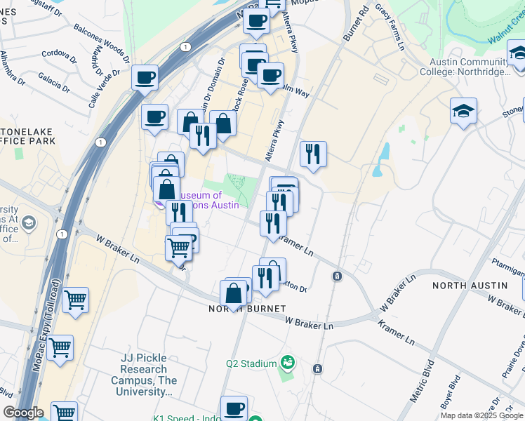 map of restaurants, bars, coffee shops, grocery stores, and more near in Austin