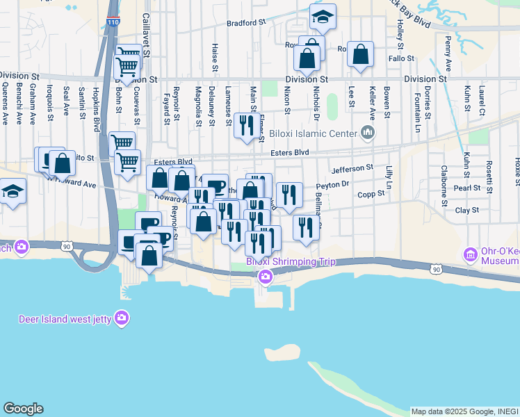 map of restaurants, bars, coffee shops, grocery stores, and more near 692 Howard Avenue in Biloxi