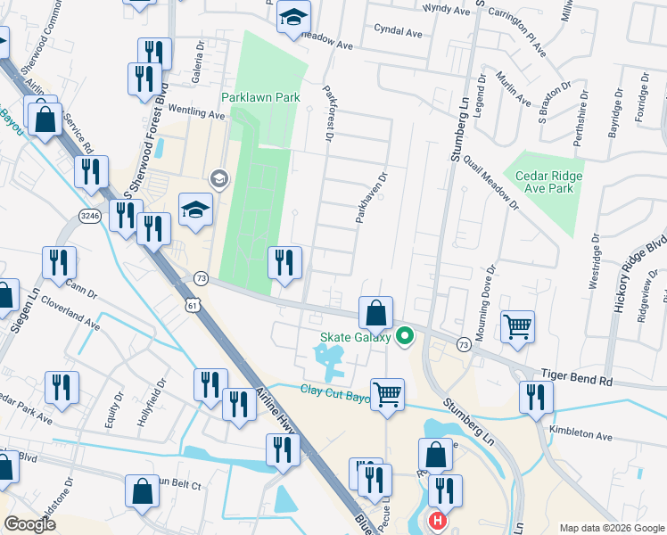 map of restaurants, bars, coffee shops, grocery stores, and more near 12424 Parktrail Avenue in Baton Rouge