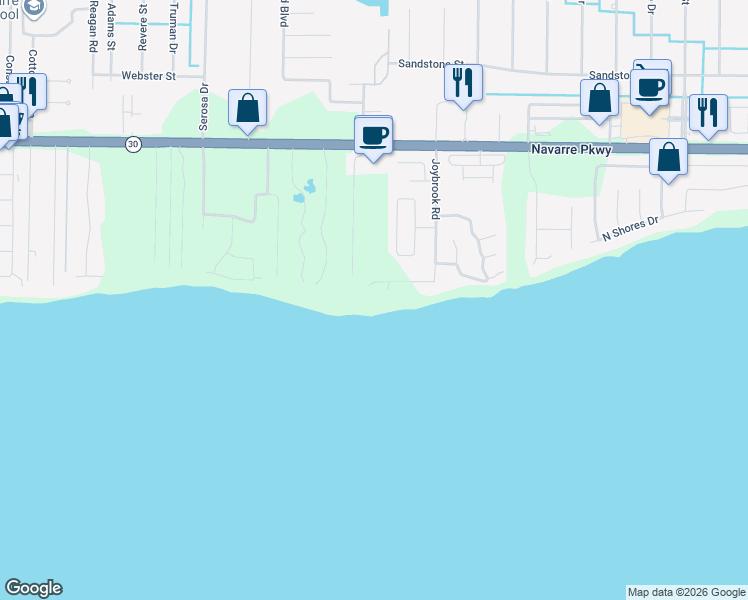 map of restaurants, bars, coffee shops, grocery stores, and more near 1638 Joybrook Road in Navarre