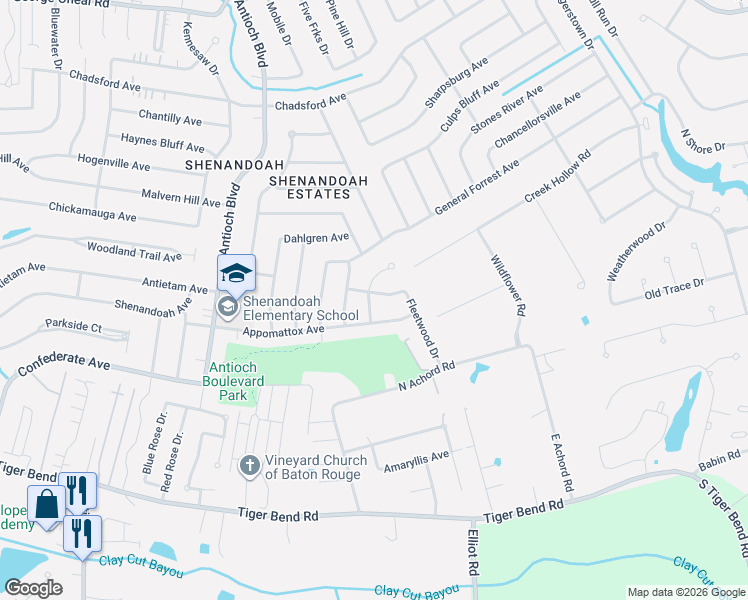 map of restaurants, bars, coffee shops, grocery stores, and more near 5915 Cedar Creek Drive in Baton Rouge