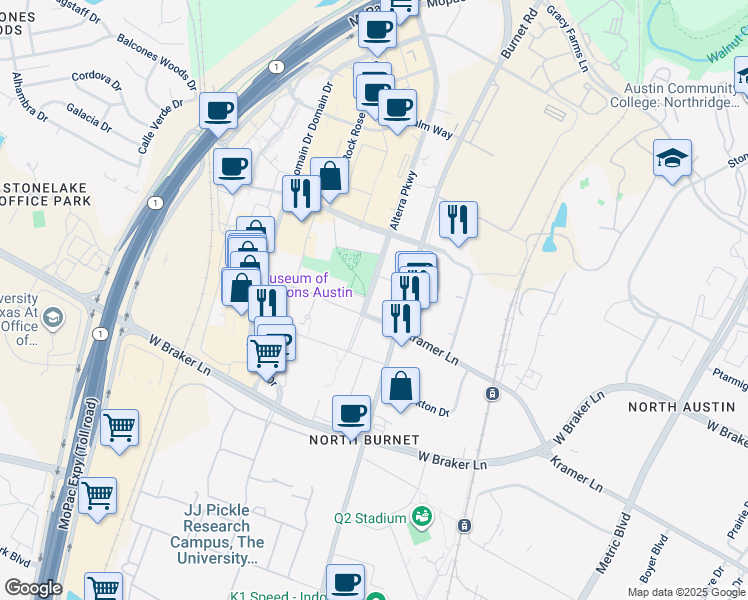 map of restaurants, bars, coffee shops, grocery stores, and more near 11119 Alterra Parkway in Austin