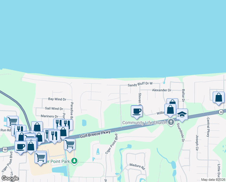 map of restaurants, bars, coffee shops, grocery stores, and more near 4020 Blue Ridge Lane in Gulf Breeze
