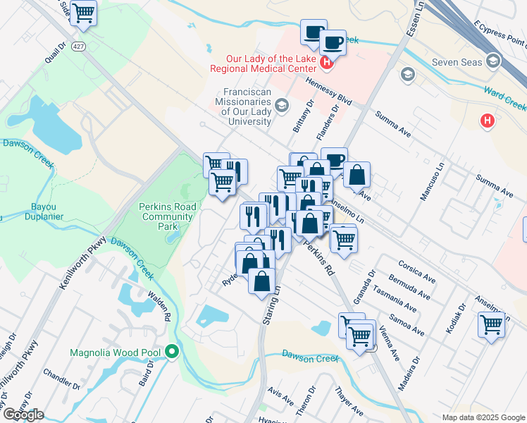 map of restaurants, bars, coffee shops, grocery stores, and more near 3743 Silverside Drive in Baton Rouge