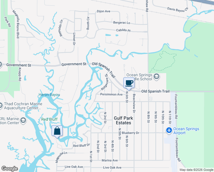 map of restaurants, bars, coffee shops, grocery stores, and more near 3701-3799 Apricot Street in Ocean Springs