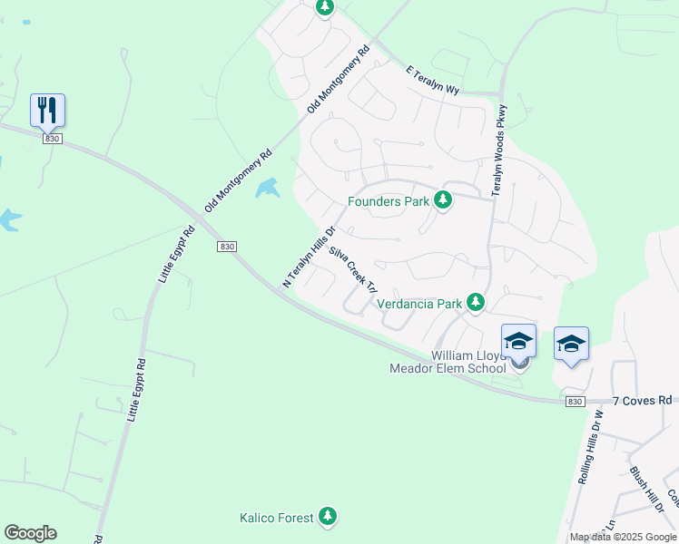 map of restaurants, bars, coffee shops, grocery stores, and more near 143 Silva Creek Trail in Willis