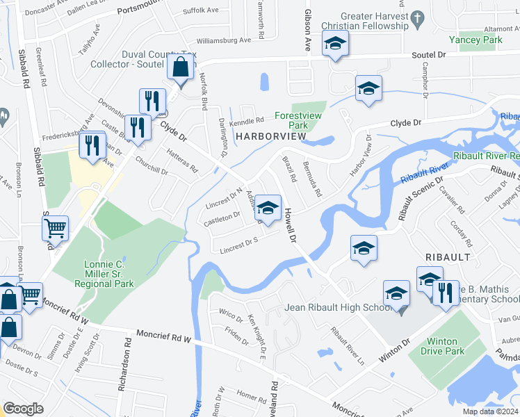 map of restaurants, bars, coffee shops, grocery stores, and more near 8509 Addison Road in Jacksonville